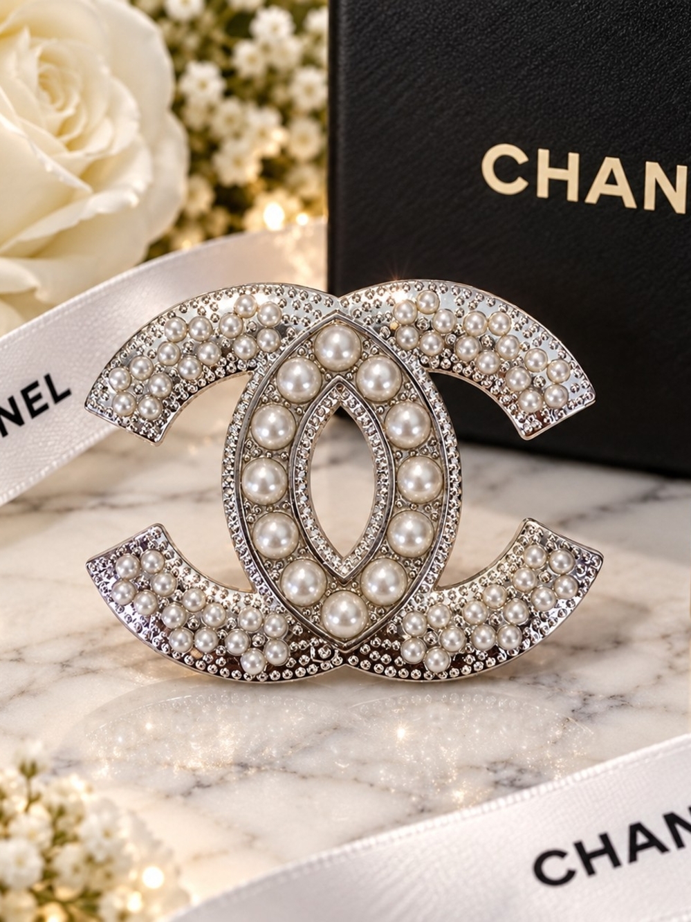 CHANEL Silver-Tone CC Brooch with White Pearls and Clear Crystals